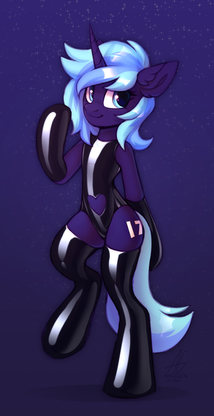 Size: 1411x2738 | Tagged: suggestive, artist:argigen, derpibooru import, oc, oc:amethyst shadow, unofficial characters only, semi-anthro, unicorn, clothes, ear fluff, gradient background, image, latex, latex socks, latex suit, looking at you, png, socks