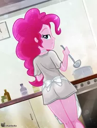 Size: 691x916 | Tagged: safe, artist:charliexe, derpibooru import, pinkie pie, equestria girls, apron, ass, balloonbutt, butt, clothes, cooking, image, jpeg, looking at you