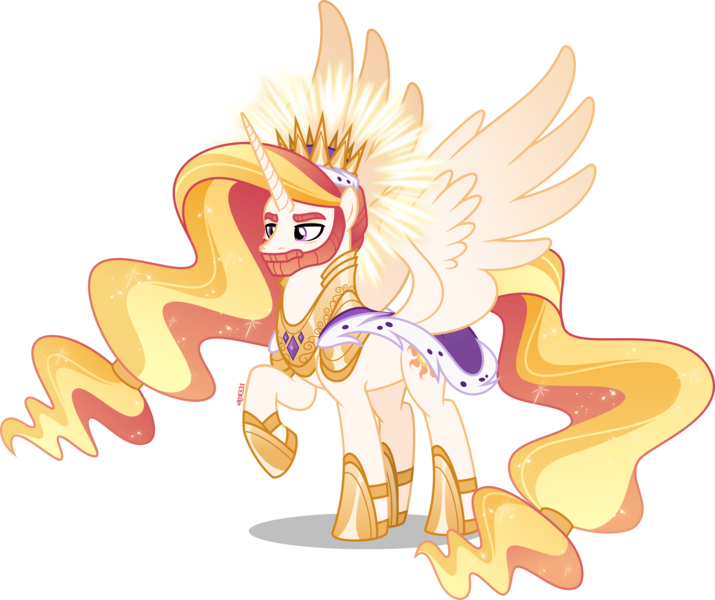 Size: 4000x3356 | Tagged: safe, artist:orin331, derpibooru import, princess celestia, alicorn, pony, armor, beard, cape, clothes, crown, ethereal mane, facial hair, hair tie, halo, high res, horn, image, jewelry, male, png, prince solaris, raised hoof, redesign, regalia, rule 63, simple background, stallion, transparent background, wings