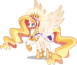 Size: 4000x3356 | Tagged: safe, artist:orin331, derpibooru import, princess celestia, alicorn, pony, armor, beard, cape, clothes, crown, ethereal mane, facial hair, hair tie, halo, high res, horn, image, jewelry, male, png, prince solaris, raised hoof, redesign, regalia, rule 63, simple background, stallion, transparent background, wings
