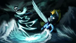 Size: 4062x2285 | Tagged: safe, artist:klarapl, derpibooru import, oc, oc:blaze (shadowbolt), oc:lightning strike, unofficial characters only, pegasus, pony, commission, duo, fight, flying, image, png, spread wings, water, wings