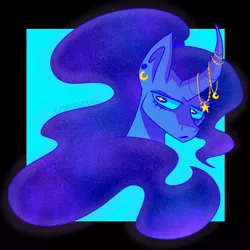 Size: 2000x2000 | Tagged: safe, artist:voidmoth, derpibooru import, princess luna, alicorn, pony, curved horn, ear piercing, earring, horn, image, jewelry, jpeg, piercing, solo