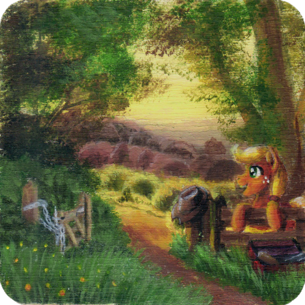 Size: 1000x999 | Tagged: safe, artist:sa1ntmax, derpibooru import, applejack, earth pony, pony, fence, image, png, solo