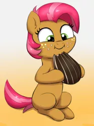 Size: 898x1200 | Tagged: safe, artist:heretichesh, derpibooru import, babs seed, earth pony, pony, adorababs, cute, eating, female, filly, food, freckles, image, jpeg, puffy cheeks, smiling, solo, sunflower seeds