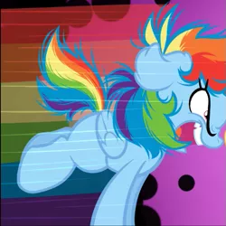 Size: 507x506 | Tagged: safe, artist:becauseimpink, derpibooru import, rainbow dash, pegasus, pony, comic:transition, angry, cropped, ear fluff, female, filly, filly rainbow dash, image, png, purple background, rainbow, side view, simple background, solo, younger