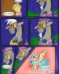 Size: 540x675 | Tagged: safe, artist:cocolove2176, derpibooru import, discord, fluttershy, draconequus, pegasus, pony, comic:fluttering chaos, abstract background, blushing, bust, chest fluff, clothes, colored hooves, dialogue, dress, female, gala dress, hat, image, jpeg, male, mare, offscreen character, suit