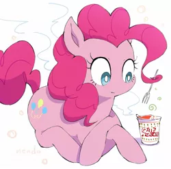 Size: 1656x1637 | Tagged: safe, artist:nendo, artist:nendo_23, derpibooru import, pinkie pie, earth pony, pony, crossed hooves, cup noodles, female, food, hair hold, image, jpeg, lying down, noodles, prehensile mane, prone, solo