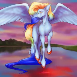 Size: 1280x1280 | Tagged: safe, artist:sumcer, derpibooru import, rainbow dash, pegasus, pony, alternate design, colored hooves, female, image, jpeg, lake, long tail, mare, sky, solo, spread wings, wings