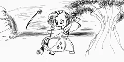 Size: 2048x1031 | Tagged: safe, artist:phoenixacezero, derpibooru import, rarity, unicorn, bonsai tree, clothes, dancing, digital art, image, katana, kimono (clothing), monochrome, png, solo, sword, weapon