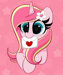 Size: 3440x4096 | Tagged: safe, artist:kittyrosie, derpibooru import, oc, oc:rosa flame, pony, unicorn, horn, image, jpeg, letter, mouth hold, unicorn oc