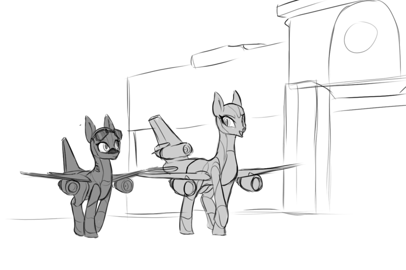 Size: 1500x1000 | Tagged: questionable, artist:andromailus, oc, unofficial characters only, original species, plane pony, pony, crotchboobs, duo, image, kc-10, kc-46, looking at each other, monochrome, nudity, open mouth, plane, png, walking