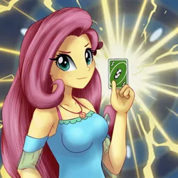 Size: 1598x1599 | Tagged: safe, artist:astevenamedwolf, derpibooru import, fluttershy, equestria girls, breasts, busty fluttershy, clothes, dress, image, jpeg, looking at you, playing card, solo, uno