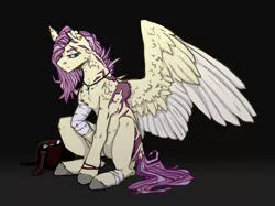 Size: 1024x765 | Tagged: safe, artist:heroin-burn, derpibooru import, fluttershy, pony, bandage, image, jpeg, scar, solo, two toned wings, wings