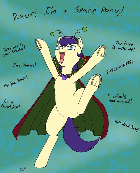 Size: 1507x1867 | Tagged: safe, artist:hericks, derpibooru import, star dancer, pony, cape, clothes, image, looking at you, png, silly, silly pony, standing, standing on one leg, star dancer appreciation collab, tongue out, underhoof