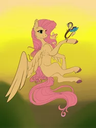 Size: 3072x4096 | Tagged: safe, artist:unfinishedheckery, derpibooru import, discord, fluttershy, draconequus, pegasus, pony, digital art, duo, female, flying, high res, image, jpeg, male, mare, micro, missing cutie mark, spread wings, tail, unshorn fetlocks, wings