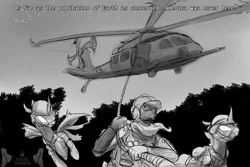 Size: 1500x1000 | Tagged: safe, artist:andromailus, oc, unofficial characters only, changeling, human, flying, helicopter, hh-60 pavehawk, image, monochrome, night, png, rappelling, text