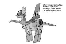 Size: 1500x1000 | Tagged: suggestive, artist:andromailus, oc, unofficial characters only, original species, plane pony, pony, butt, dialogue, f-16, f-16xl, female, image, monochrome, open mouth, plane, plot, png, simple background, solo, white background