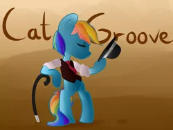 Size: 2000x1500 | Tagged: safe, artist:magiak416, derpibooru import, rainbow dash, pegasus, pony, bipedal, cane, catgroove, clothes, eyes closed, female, hat, image, jpeg, mare, necktie, shirt, solo, vest