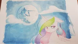 Size: 1008x567 | Tagged: safe, artist:magiak416, derpibooru import, princess celestia, alicorn, pony, cloud, crying, female, floppy ears, image, jpeg, mare, mare in the moon, moon, sad, solo, traditional art, watercolor painting