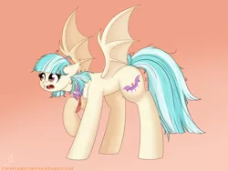 Size: 2000x1500 | Tagged: safe, artist:twistare, derpibooru import, coco pommel, bat pony, pony, bat ponified, bat wings, fangs, female, gradient background, image, mare, one hoof raised, png, race swap, solo, wings