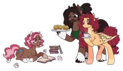 Size: 1600x925 | Tagged: safe, artist:lynesssan, derpibooru import, oc, oc:ginger bread, oc:heather, oc:jamie dodger, unofficial characters only, earth pony, pegasus, pony, coffee, female, food, image, lying down, male, mare, muffin, png, prone, simple background, stallion, transparent background