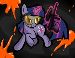 Size: 1280x990 | Tagged: safe, artist:sirtreasurehunter, derpibooru import, twilight sparkle, pony, unicorn, female, glowing horn, horn, image, jpeg, levitation, magic, mare, paint, paintball, paintball gun, safety goggles, solo, telekinesis, unicorn twilight