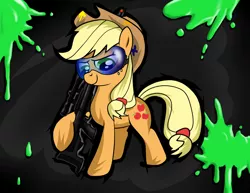 Size: 1280x990 | Tagged: safe, artist:sirtreasurehunter, derpibooru import, applejack, earth pony, pony, female, image, jpeg, mare, paint, paintball gun, safety goggles, solo