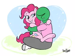 Size: 2732x2048 | Tagged: safe, artist:datzigga, derpibooru import, pinkie pie, oc, oc:anon, earth pony, human, pony, frog (hoof), grin, hug, human on pony snuggling, image, png, smiling, snuggling, underhoof