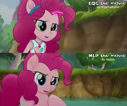 Size: 3725x3120 | Tagged: safe, artist:aryatheeditor, derpibooru import, screencap, pinkie pie, pony, equestria girls, my little pony: the movie, clothes, comparison, digital art, element of laughter, equestria girls interpretation, female, human and pony, image, jewelry, jpeg, magical geodes, mare, movie, movie accurate, movie reference, open mouth, outfit, pendant, ponied up, pony ears, scene interpretation, screencap reference, shirt
