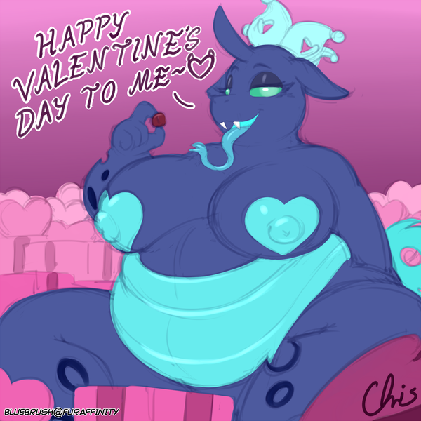 Size: 1155x1155 | Tagged: questionable, artist:nekocrispy, derpibooru import, oc, oc:sektiss, anthro, changeling, areola, belly, big belly, blue changeling, boxes, breasts, changeling oc, chocolate, chubby, chunkling, close-up, crown, dialogue, fat, food, forked tongue, heart, heart areola, holiday, hungry, image, jewelry, long tongue, looking at you, morbidly obese, nipples, nudity, obese, png, regalia, thighs, thunder thighs, tongue out, valentine's day