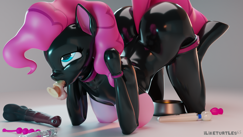 Size: 3840x2160 | Tagged: questionable, artist:iliketurtles65, derpibooru import, pinkie pie, anthro, earth pony, unguligrade anthro, 3d, all fours, anal beads, ass, ballgag, balloonbutt, bdsm, big breasts, bitchsuit, bondage, bondage mitts, bound, breasts, breasts on floor, busty pinkie pie, butt, buttplug, collar, cuffs, dildo, dildo gag, female, food bowl, gag, gimp suit, hitachi wand, image, latex, latex suit, nipples, nudity, png, sex toy, solo, solo female, source filmmaker, tail, vibrator