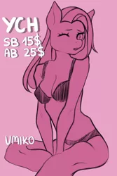 Size: 600x900 | Tagged: suggestive, artist:umiko, derpibooru import, fluttershy, anthro, pony, auction, auction open, breasts, clothes, commission, cute, female, full body, image, jpeg, mare, sexy, simple background, skinny, solo, underwear, ych example, your character here