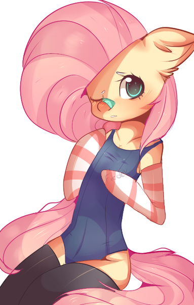 Size: 431x676 | Tagged: safe, artist:cyzarinefredek, derpibooru import, fluttershy, anthro, pegasus, pony, friendship is magic, 2016, anthrofied, arm warmers, bandage, bipedal, blushing, breasts, clothes, digital art, evening gloves, female, gloves, image, long gloves, looking at you, my little pony, one eye closed, one-piece swimsuit, pink mane, pink tail, png, simple background, sitting, socks, solo, solo female, swimsuit, teal eyes, thigh highs, topwear, white background, wings, wink