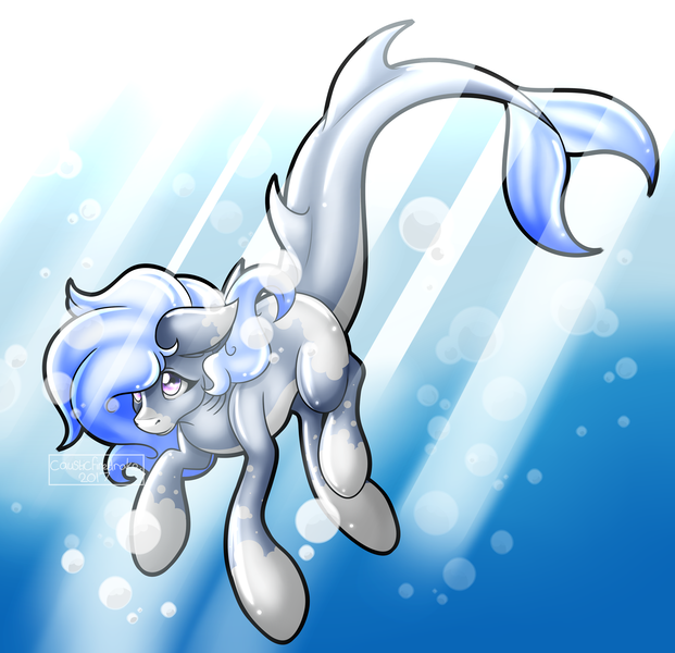 Size: 2048x1980 | Tagged: safe, artist:causticfiredrake, derpibooru import, oc, unofficial characters only, merpony, original species, shark, shark pony, blue mane, bubble, crepuscular rays, deviantart watermark, dorsal fin, fish tail, image, obtrusive watermark, ocean, png, purple eyes, solo, sunlight, swimming, underwater, water, watermark