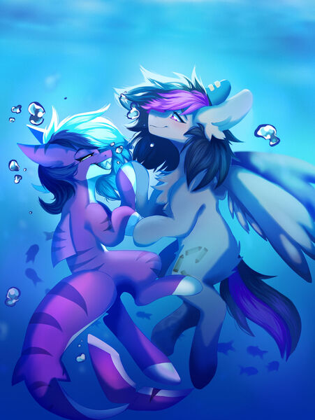 Size: 1280x1704 | Tagged: safe, artist:teapupppy, derpibooru import, oc, unofficial characters only, fish, original species, pegasus, pony, shark, shark pony, blue mane, blushing, bubble, commission, crepuscular rays, female, fish tail, image, jpeg, lesbian, looking at each other, ocean, purple eyes, shipping, smiling, solo, sunlight, tail, teeth, touching hooves, underwater, water, wings