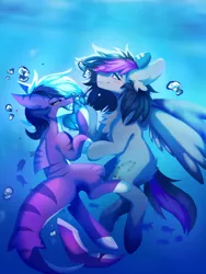 Size: 1280x1704 | Tagged: safe, artist:teapupppy, derpibooru import, oc, unofficial characters only, fish, original species, pegasus, pony, shark, shark pony, blue mane, blushing, bubble, commission, crepuscular rays, female, fish tail, image, jpeg, lesbian, looking at each other, ocean, purple eyes, shipping, smiling, solo, sunlight, tail, teeth, touching hooves, underwater, water, wings