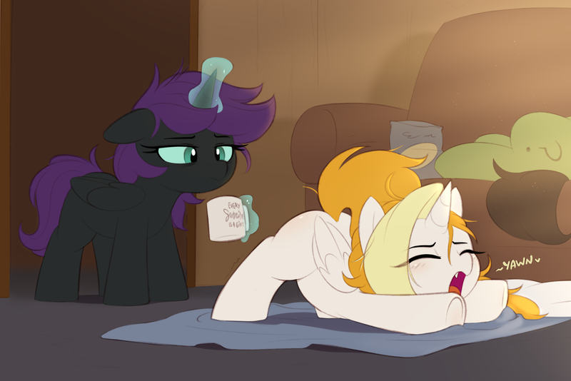 Size: 1549x1033 | Tagged: suggestive, artist:shinodage, oc, oc:anonfilly, oc:dyx, oc:nyx, unofficial characters only, alicorn, earth pony, pony, coffee cup, cup, downward dog, face down ass up, female, filly, image, nyx is not amused, png, stretching