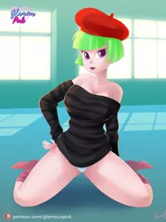 Size: 1280x1707 | Tagged: suggestive, artist:glamourpink, derpibooru import, watermelody, human, equestria girls, beret, breasts, busty watermelody, clothes, cutie mark on human, female, hat, humanized, image, jpeg, kneeling, microsoft, off-shoulder top, panties, socks, solo, solo female, sunlight, sweater, underwear, windows