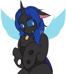 Size: 882x990 | Tagged: safe, artist:emmettart, derpibooru import, oc, oc:swift dawn, unofficial characters only, changeling, pony, blue changeling, blue eyes, blushing, changeling oc, collar, commission, eyebrows visible through hair, fangs, horn, image, male, pet, pet collar, pet play, png, shy, signature, simple background, standing on two hooves, transparent background, wings, ych result
