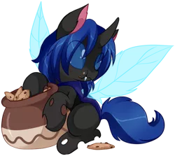 Size: 1123x1000 | Tagged: safe, artist:loyaldis, derpibooru import, oc, oc:swift dawn, unofficial characters only, changeling, pony, blue changeling, blue eyes, changeling oc, chewing, commission, cookie, cookie jar, crumbs, cute, eating, fangs, food, horn, image, male, ocbetes, png, simple background, stealing, transparent background, wings, ych result
