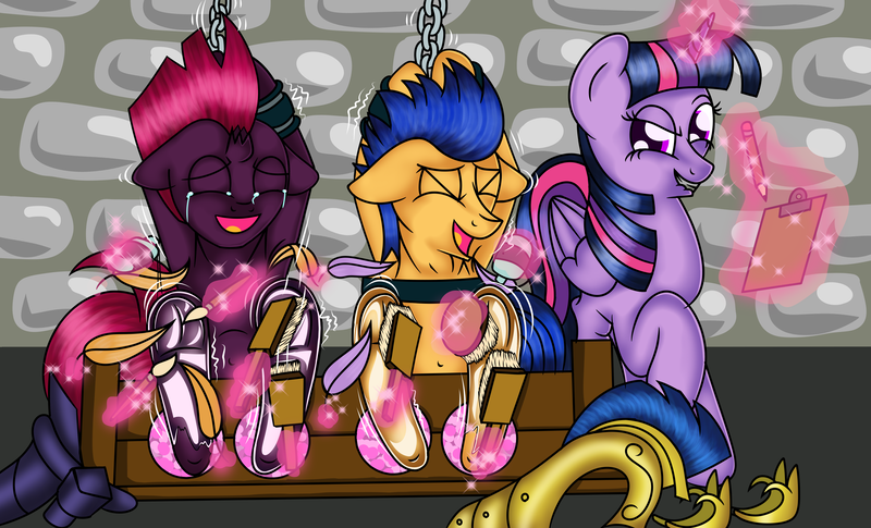 Size: 3300x2000 | Tagged: suggestive, artist:deadwire765, derpibooru import, fizzlepop berrytwist, flash sentry, tempest shadow, twilight sparkle, twilight sparkle (alicorn), alicorn, pegasus, pony, armor, bedroom eyes, bisexual, bondage, brush, chains, clipboard, crying, cuffs, erotic tickling, eyes closed, feather, female, femdom, femsub, fetish, flashlight, frog (hoof), glowing horn, grin, guard, helmet, hoof fetish, hoof shoes, hoof tickling, horn, image, laughing, lesbian, levitation, lip bite, lotion, lotion bottle, magic, male, malesub, mare, oil, open mouth, pencil, png, polyamory, raised hoof, shipping, smiling, stallion, stocks, straight, submissive, tears of laughter, telekinesis, tempestflashlight, tempestlight, tickle fetish, tickle torture, tickling, underhoof, wall of tags