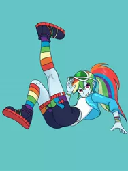 Size: 1620x2160 | Tagged: safe, artist:haibaratomoe, derpibooru import, rainbow dash, equestria girls, bracelet, clothes, image, jacket, jewelry, jpeg, kicking, ponytail, rainbow socks, shoes, shorts, socks, solo, striped socks, visor