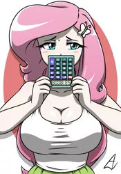 Size: 875x1250 | Tagged: suggestive, artist:acesrockz, derpibooru import, edit, fluttershy, human, equestria girls, 5318008, adorasexy, big breasts, blushing, breasts, busty fluttershy, calculator, cleavage, clothes, cute, female, huge breasts, human coloration, image, light skin, png, sexy, solo, solo female, upside down
