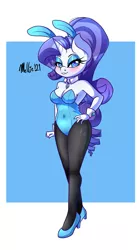 Size: 1000x1800 | Tagged: suggestive, artist:melliedraws, derpibooru import, rarity, anthro, blushing, bunny suit, clothes, eyeshadow, female, image, leotard, makeup, pantyhose, png, solo, solo female