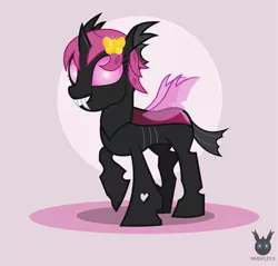 Size: 1332x1275 | Tagged: safe, artist:wheatley r.h., derpibooru import, oc, oc:lara, butterfly, changeling, insect, pony, brooch, changeling oc, derpibooru exclusive, female, gold, happy, image, jewelry, jpeg, mare, one hoof raised, pink, pink changeling, simple background, solo, vector, watermark