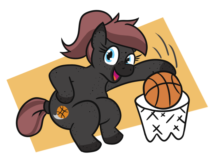 Size: 694x528 | Tagged: safe, artist:jargon scott, derpibooru import, oc, oc:cross court, unofficial characters only, earth pony, pony, basketball, basketball net, body freckles, female, freckles, holding, image, looking at you, mare, open mouth, png, slam dunk, smiling, solo, sports