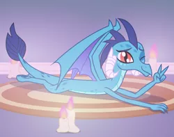 Size: 6969x5489 | Tagged: safe, artist:kmlp, derpibooru import, princess ember, dragon, absurd resolution, candle, carpet, derpibooru exclusive, dragoness, female, image, imminent snuggles, looking at you, lying down, one eye closed, peace sign, png, prone, smiling, smiling at you, solo, vector, wings, wink, winking at you