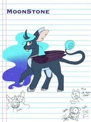 Size: 1280x1707 | Tagged: safe, artist:doodletheexpoodle, derpibooru import, oc, oc:moonstone stellar eclipse, hybrid, pony, ethereal mane, female, image, jpeg, lined paper, mare, offspring, parent:big macintosh, parent:princess luna, parent:unnamed oc, parents:canon x oc, parents:lunamac, solo