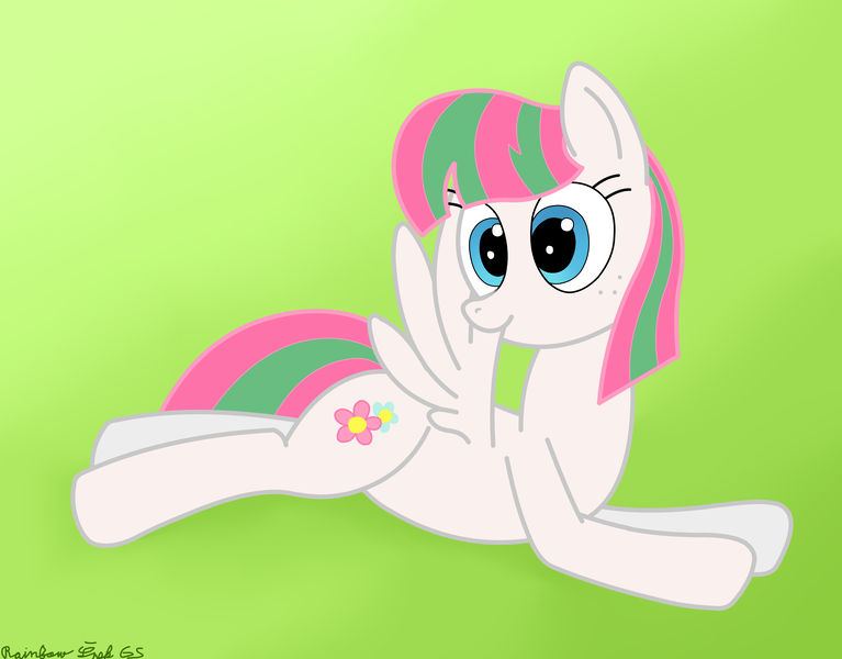 Size: 3492x2732 | Tagged: safe, artist:rainbowšpekgs, derpibooru import, blossomforth, pegasus, pony, adoraforth, cute, female, freckles, grooming, image, lying, lying down, png, preening, prone, simple background, solo, wings