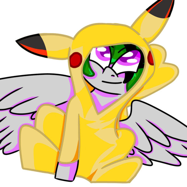 Size: 1280x1280 | Tagged: safe, artist:ukedideka, derpibooru import, oc, oc:quizzical aphre, pegasus, pikachu, cel shading, green hair, grey body, image, jpeg, looking at you, onesie, pegasus oc, pokémon, purple eyes, shading, smiling, smiling at you, spread wings, wings